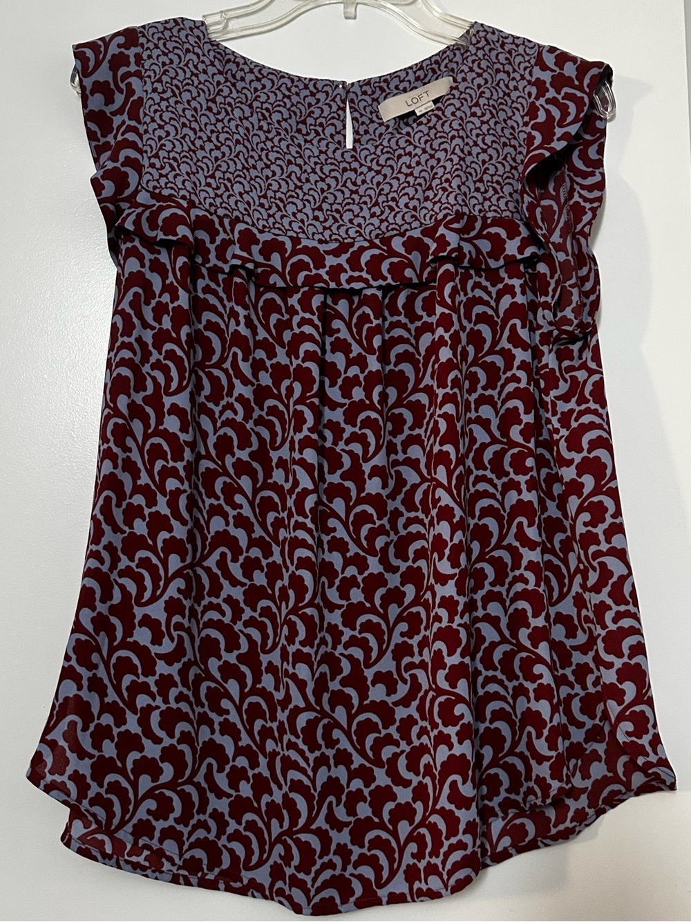 LOFT Ruffle Yoke Sleeveless Camisole in Burgundy and Light Blue
